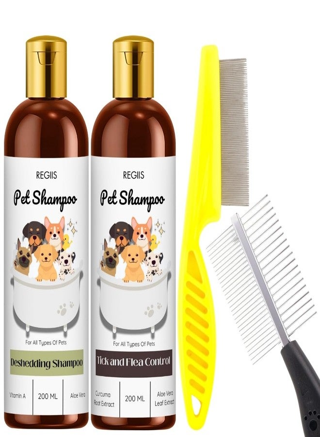 مجموعة شامبو ريجيس للحيوانات الأليفة مع تركيبة لإزالة الشعر الزائد ومكافحة القراد، 200 مل لكل عبوة، مع مشط لتنظيف الكلاب (عبوة من 4 قطع) - Image 1